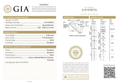 GIA Certified 0.50 Ct Round cut K, Faint Brown VVS2 Loose Diamond