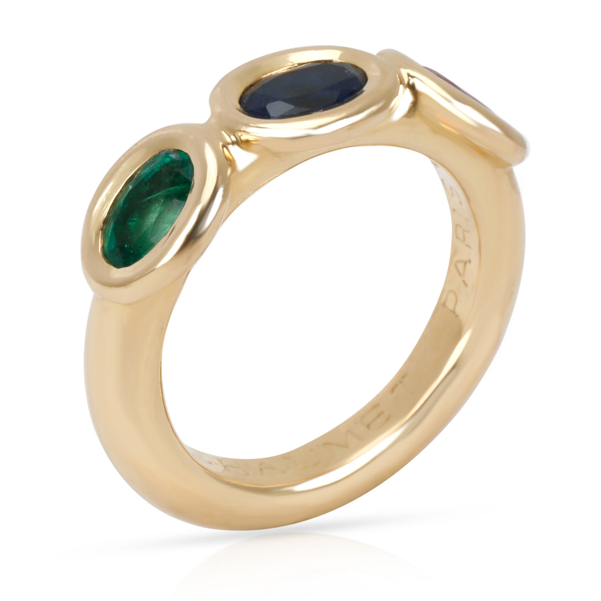 Chaumet Three Stone Sapphire, Emerald & Ruby Gemstone Ring in 18K Yellow Gold