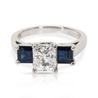 GIA Certified Princess Diamond & Sapphire 3 Stone Ring in Platinum F VS1 1.02CTW