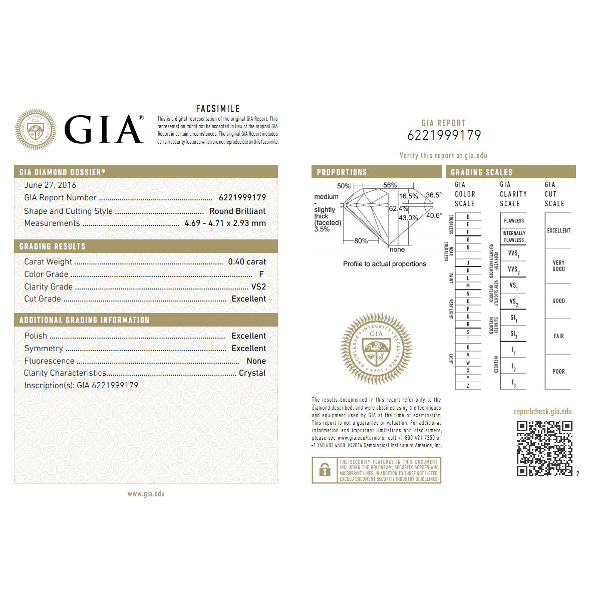 GIA Certified Diamond Solitaire Pendant in 18K White Gold F VS2 0.4 CTW
