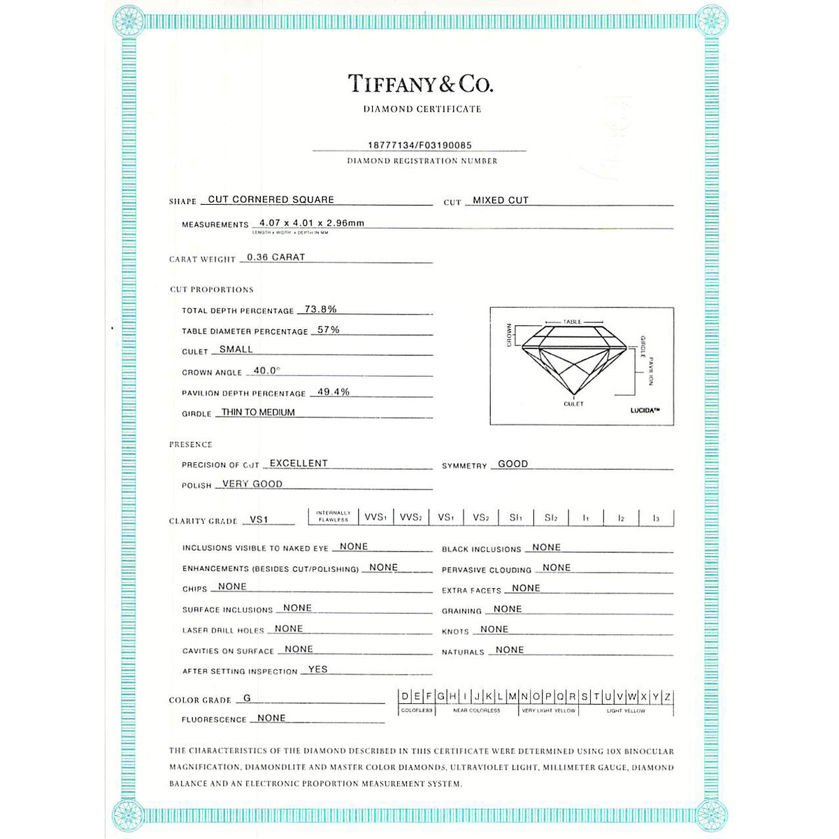 Tiffany & Co. Lucida Diamond Engagement Ring in  Platinum G VS1 0.36 CTW