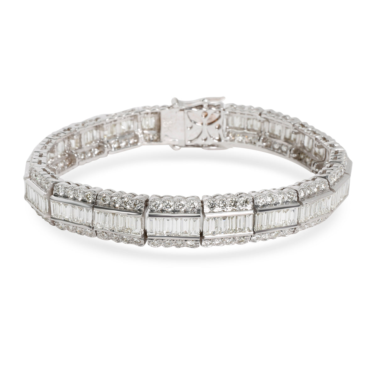 Baguette & Round Diamond Lace-Edged Bracelet 18K White Gold 7.92 ctw