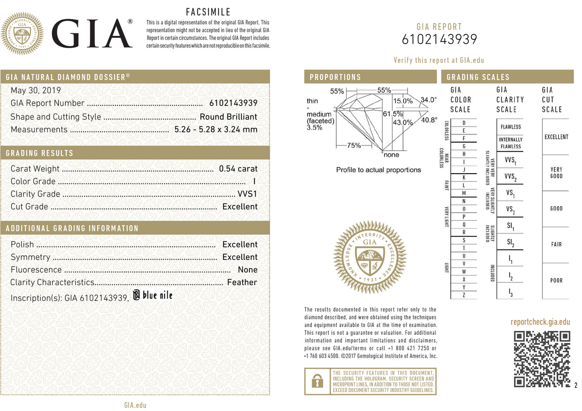 GIA Certified 0.54 Ct Round cut I VVS1 Loose Diamond
