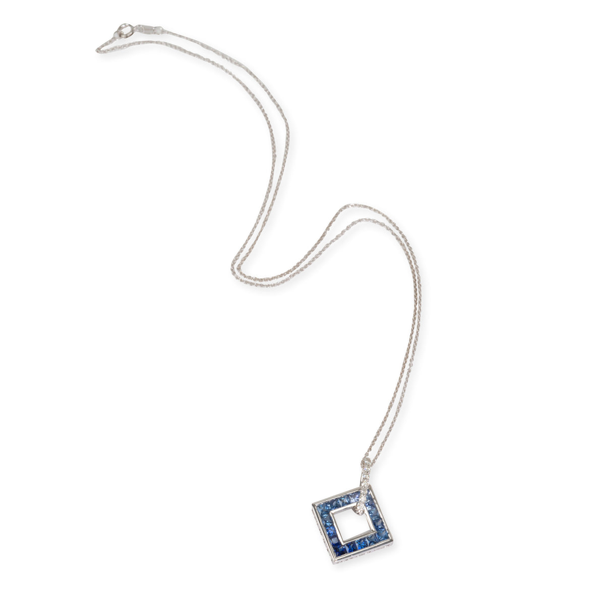 Open Square Sapphire & Diamond Necklace in 14K White Gold Blue 0.1 CTW