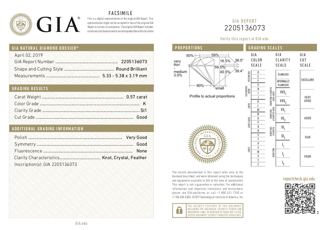 GIA Certified 0.57 Ct Round cut K SI1 Loose Diamond