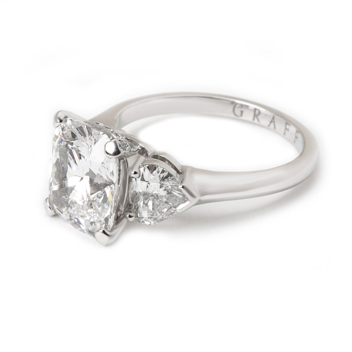Graff Three Stone Cushion Diamond Engagement Ring in Platinum GIA D VVS2 3.27CTW