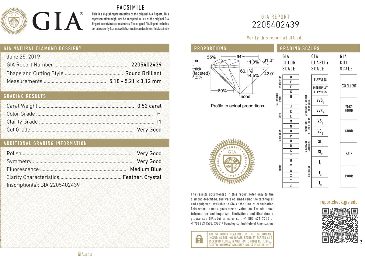 GIA Certified 0.52 Ct Round cut F I1 Loose Diamond