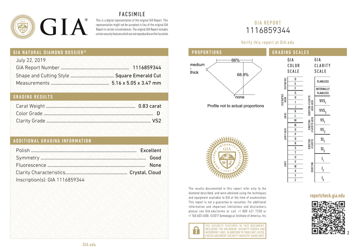 GIA Certified 0.83 Ct Square Emerald cut D VS2 Loose Diamond