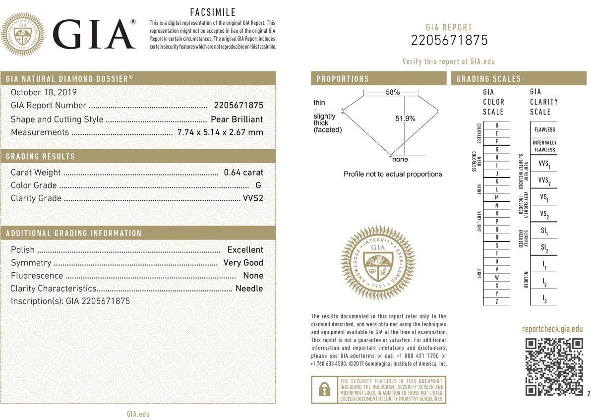 GIA Certified 0.64 Ct Pear cut G VVS2 Loose Diamond