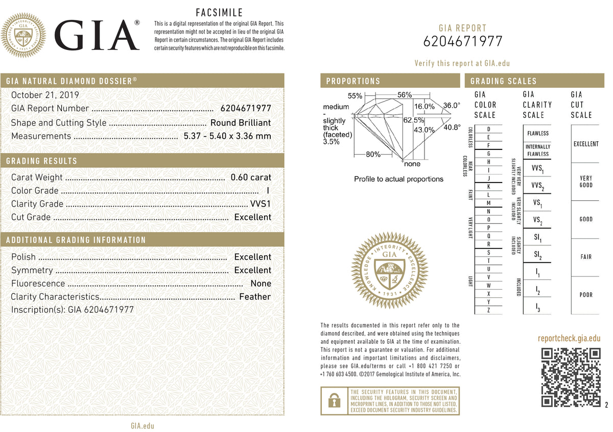 GIA Certified 0.60 Ct Round cut I VVS1 Loose Diamond