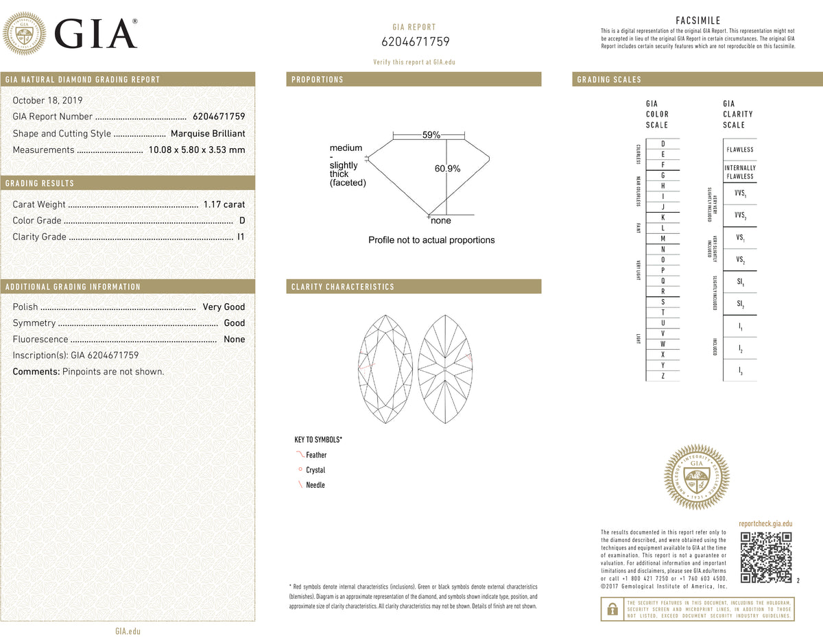 GIA Certified 1.17 Ct Marquise cut D I1 Loose Diamond