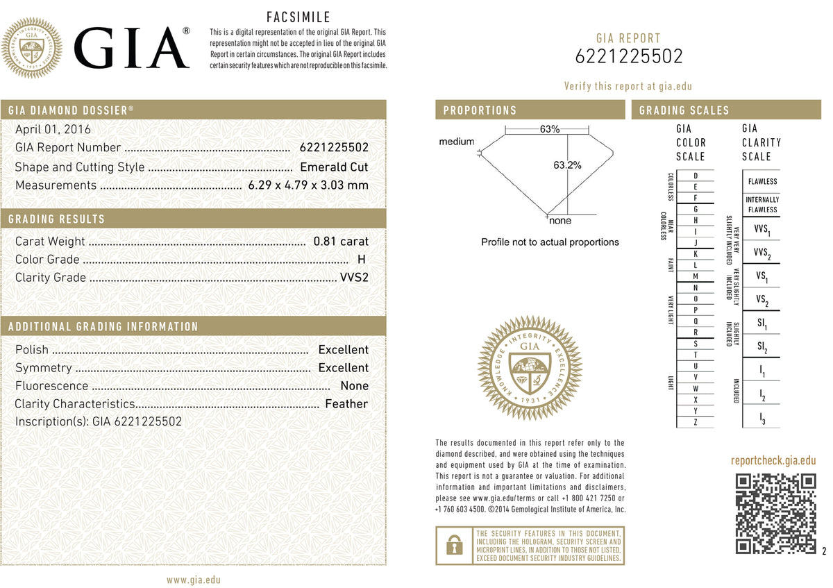 GIA Certified 0.81 Ct Emerald cut H VVS2 Loose Diamonds