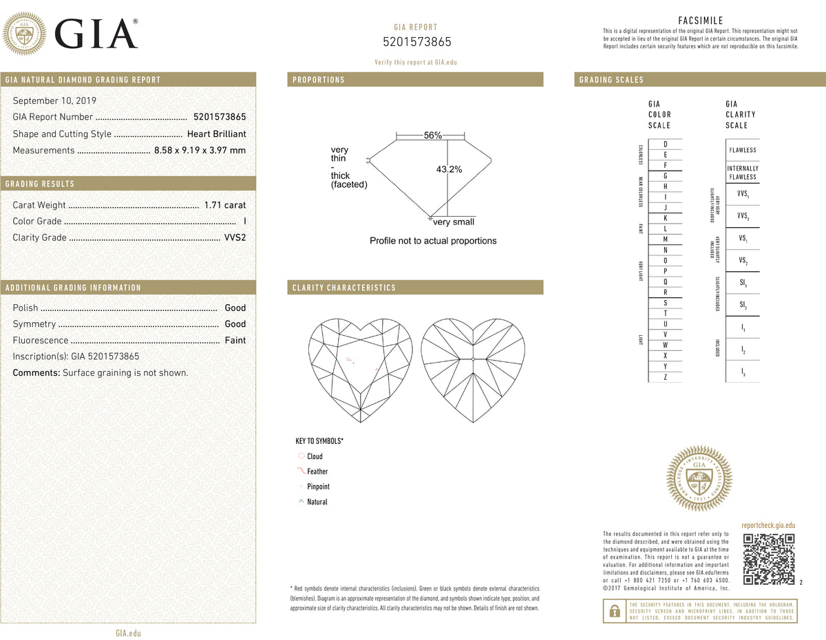 GIA Certified 1.71 Ct Heart cut I VVS2 Loose Diamond