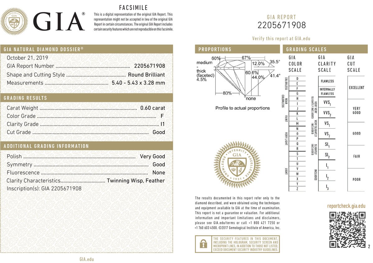 GIA Certified 0.60 Ct Round cut F I1 Loose Diamond