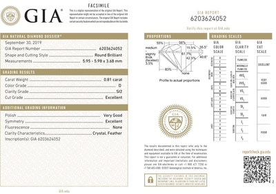 GIA Certified 0.81 Ct Round cut D SI2 Loose Diamond