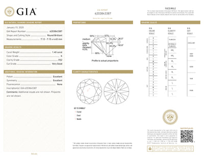 GIA Certified 1.40 Ct Round cut K VS2 Loose Diamond