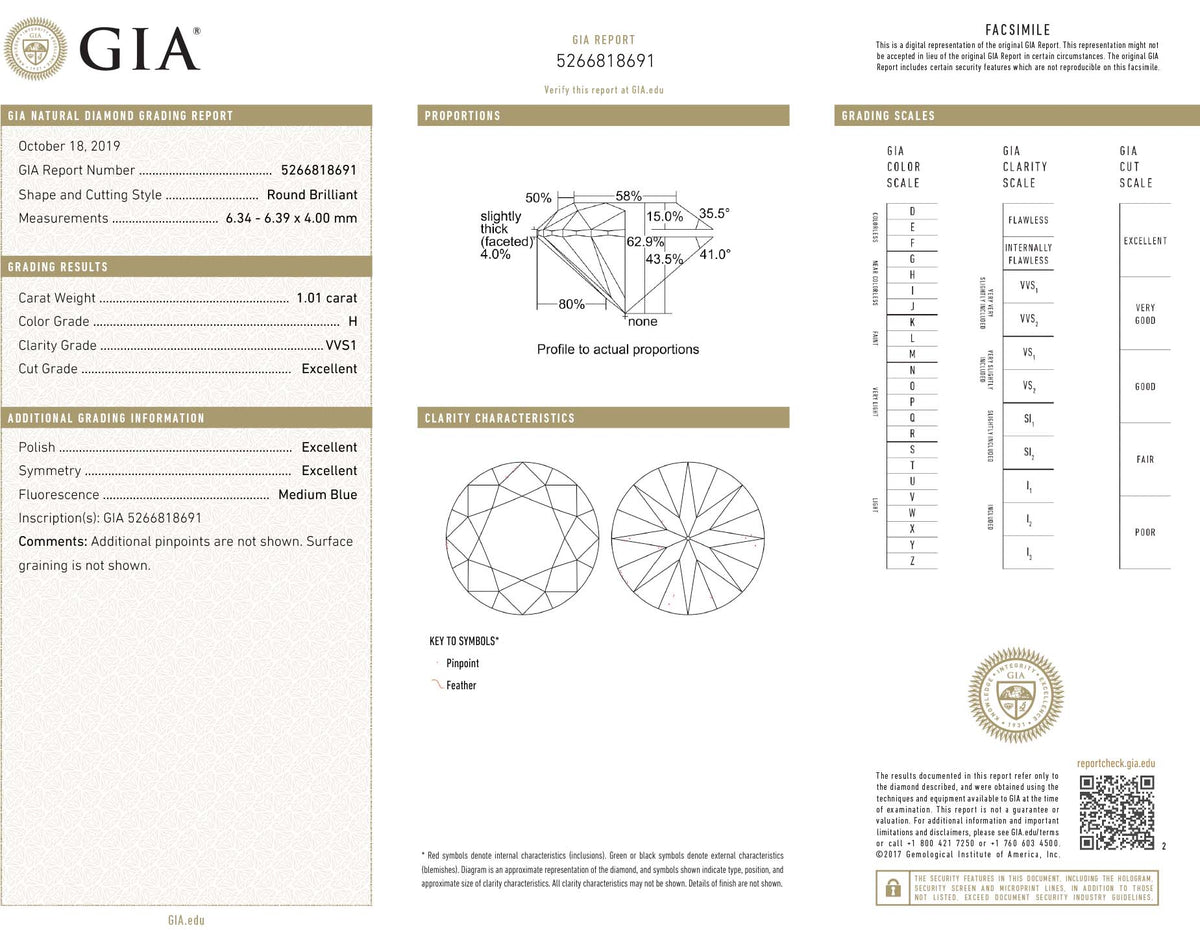 GIA Certified 1.01 Ct Round cut H VVS1 Loose Diamond