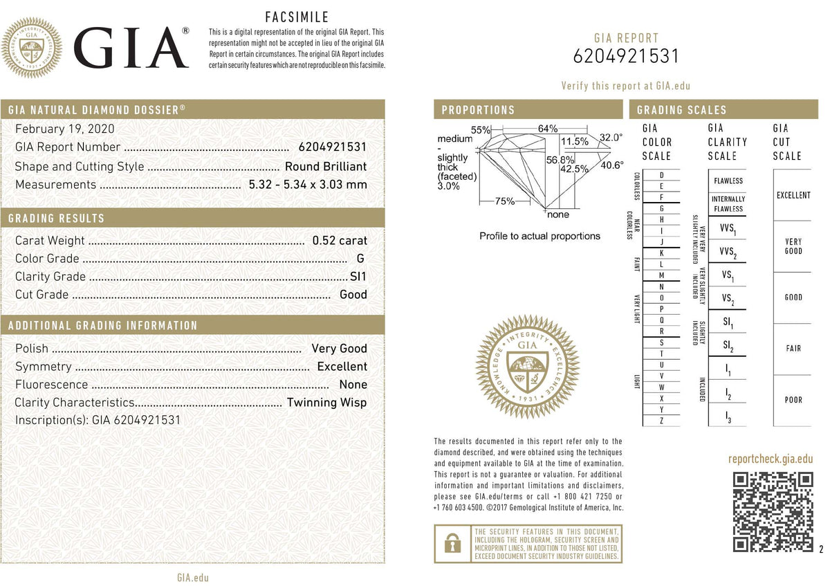 GIA Certified 0.52 Ct Round cut G SI1 Loose Diamond