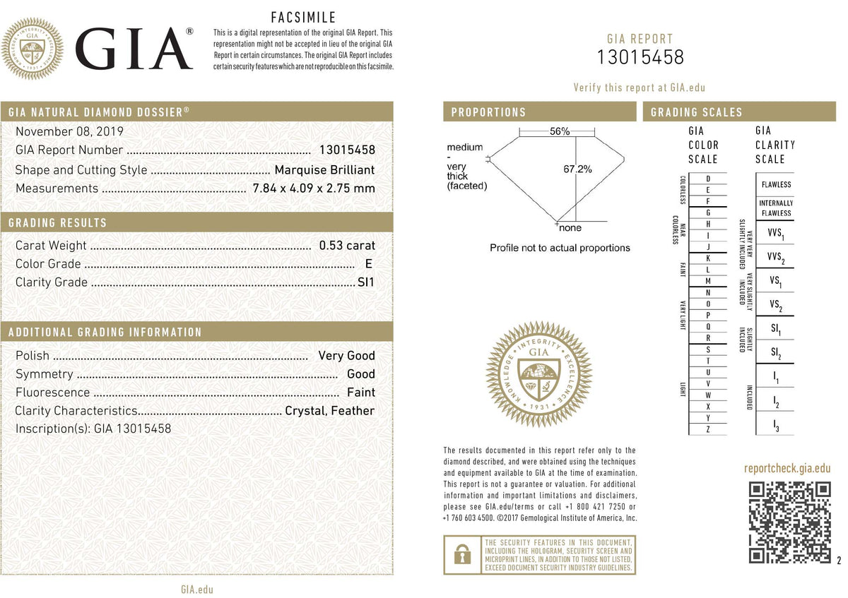 GIA Certified 0.53 Ct Marquise cut E SI1 Loose Diamond