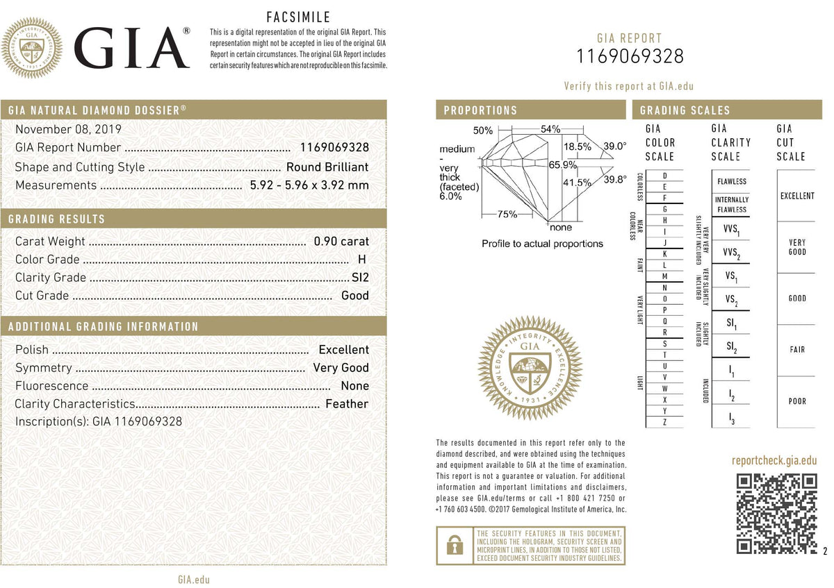 GIA Certified 0.90 Ct Round cut H SI2 Loose Diamond