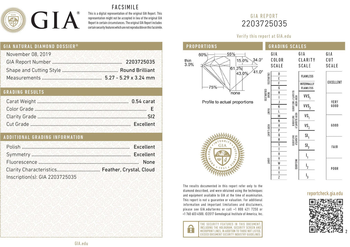 GIA Certified 0.54 Ct Round cut E SI2 Loose Diamond