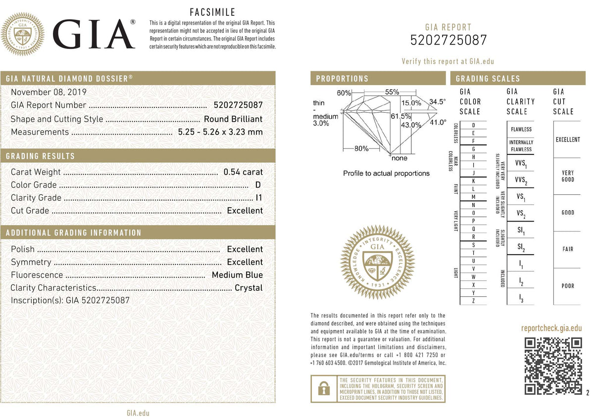 GIA Certified 0.54 Ct Round cut D I1 Loose Diamond