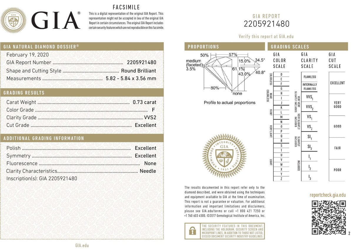 GIA Certified 0.73 Ct Round cut F VVS2 Loose Diamond