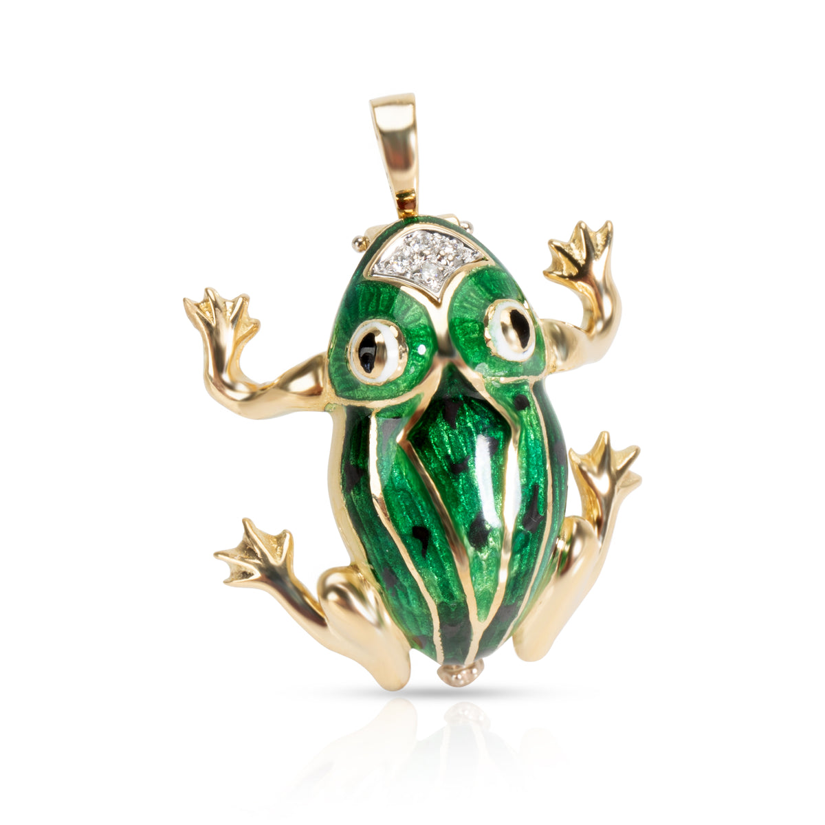 Green Enamel & Diamond Frog Pin-dant in 18K Yellow Gold 0.04 CTW