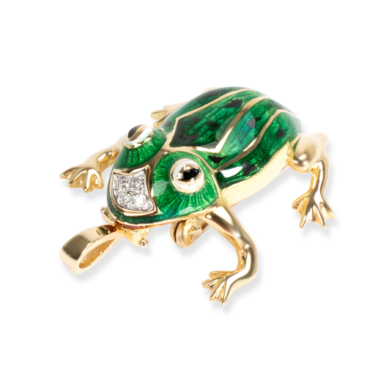 Green Enamel & Diamond Frog Pin-dant in 18K Yellow Gold 0.04 CTW