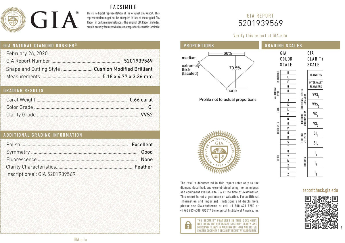 GIA Certified 0.66 Ct Cushion cut G VVS2 Loose Diamond