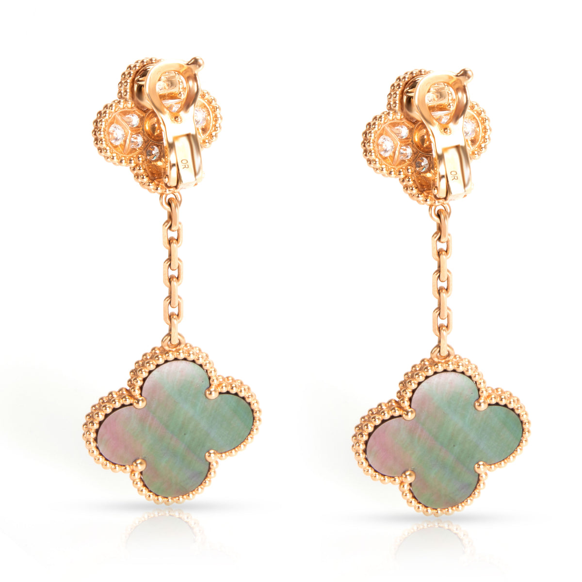18k Pink Gold Van Cleef Magic Alhambra earrings 2 motifs with Gray  Mother-of-pearl and Diamond VCARP2R200