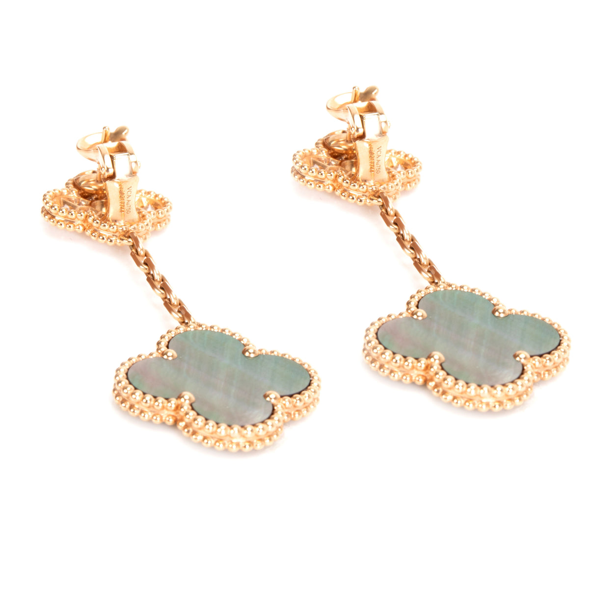 18k Pink Gold Van Cleef Magic Alhambra earrings 2 motifs with Gray  Mother-of-pearl and Diamond VCARP2R200