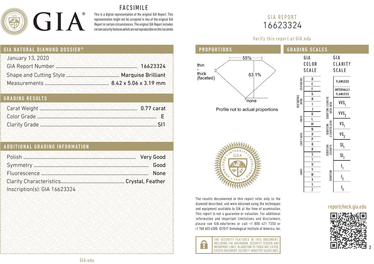 GIA Certified 0.77 Ct Marquise cut E SI1 Loose Diamond