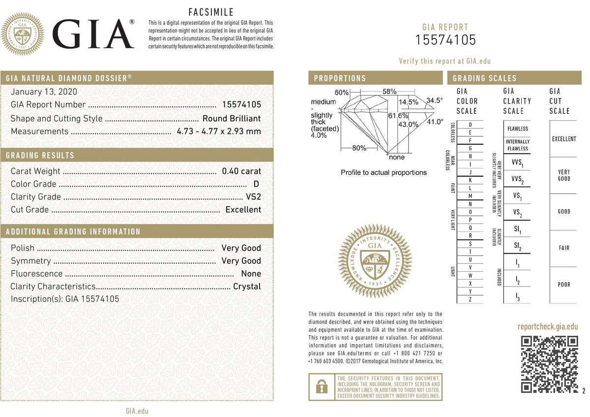 GIA Certified 0.40 Ct Round cut D VS2 Loose Diamond