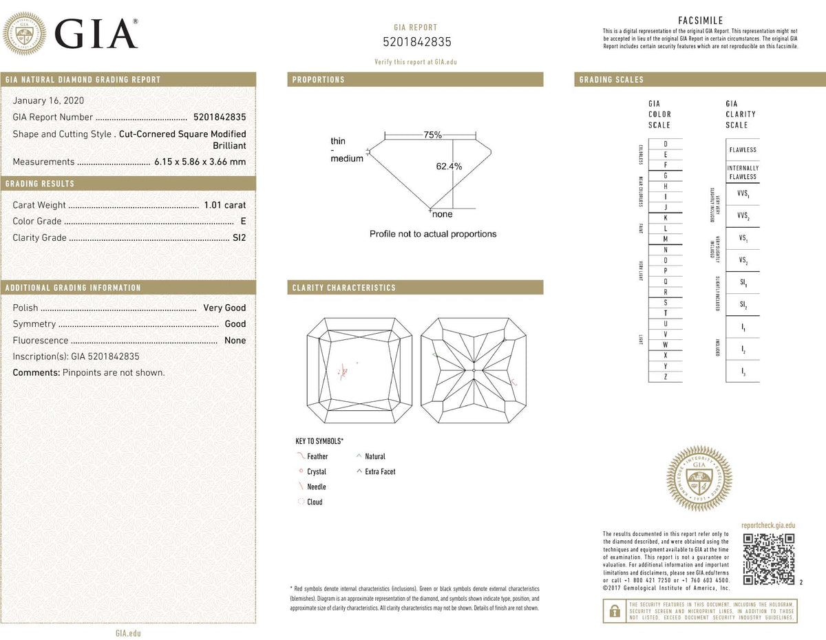 GIA Certified 1.01 Ct Radiant cut E SI2 Loose Diamond