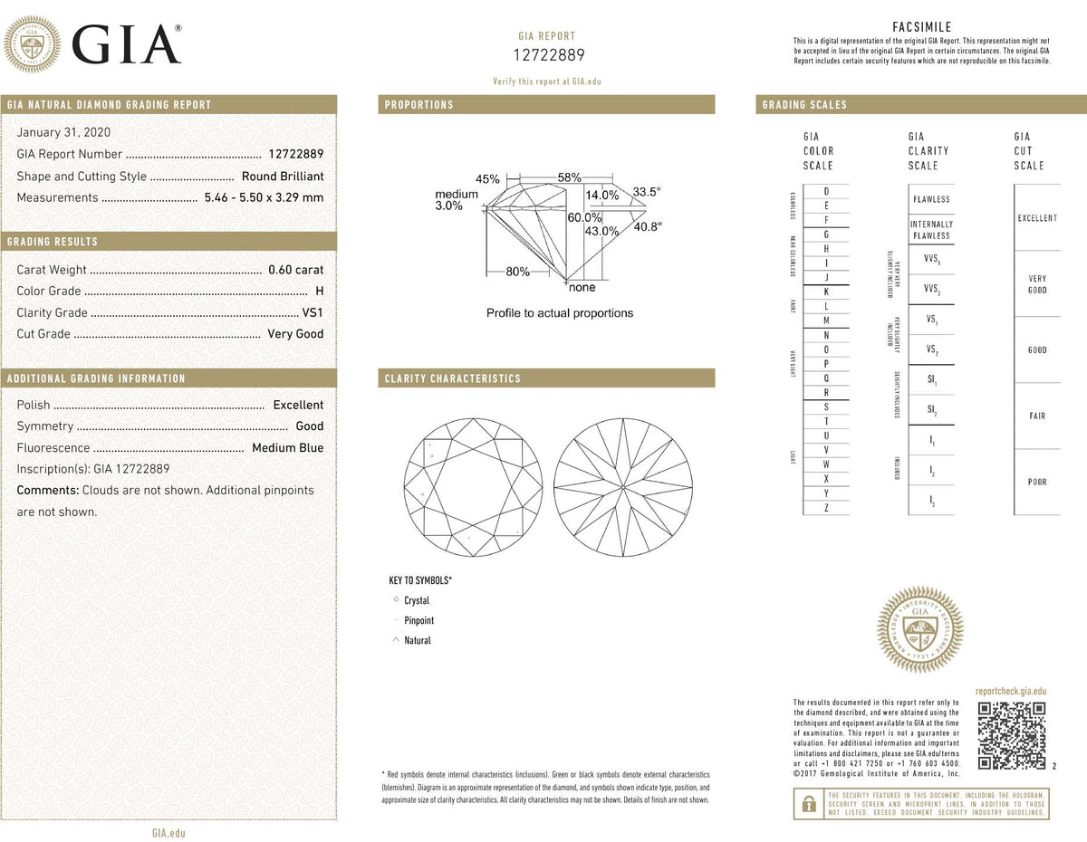 GIA Certified 0.60 Ct Round cut H VS1 Loose Diamond