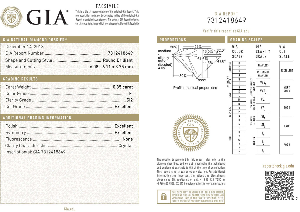 GIA Certified 0.85 Ct Round cut F SI2 Loose Diamond