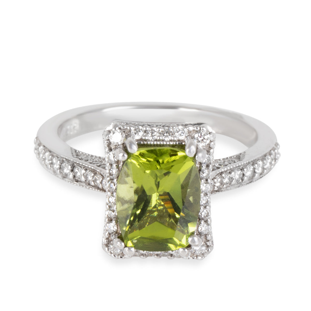 Cushion Peridot Diamond Ring in 14K White Gold 0.33 CTW