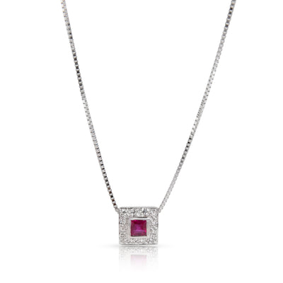 Halo Ruby Diamond Necklace in 18K White Gold 0.10 CTW