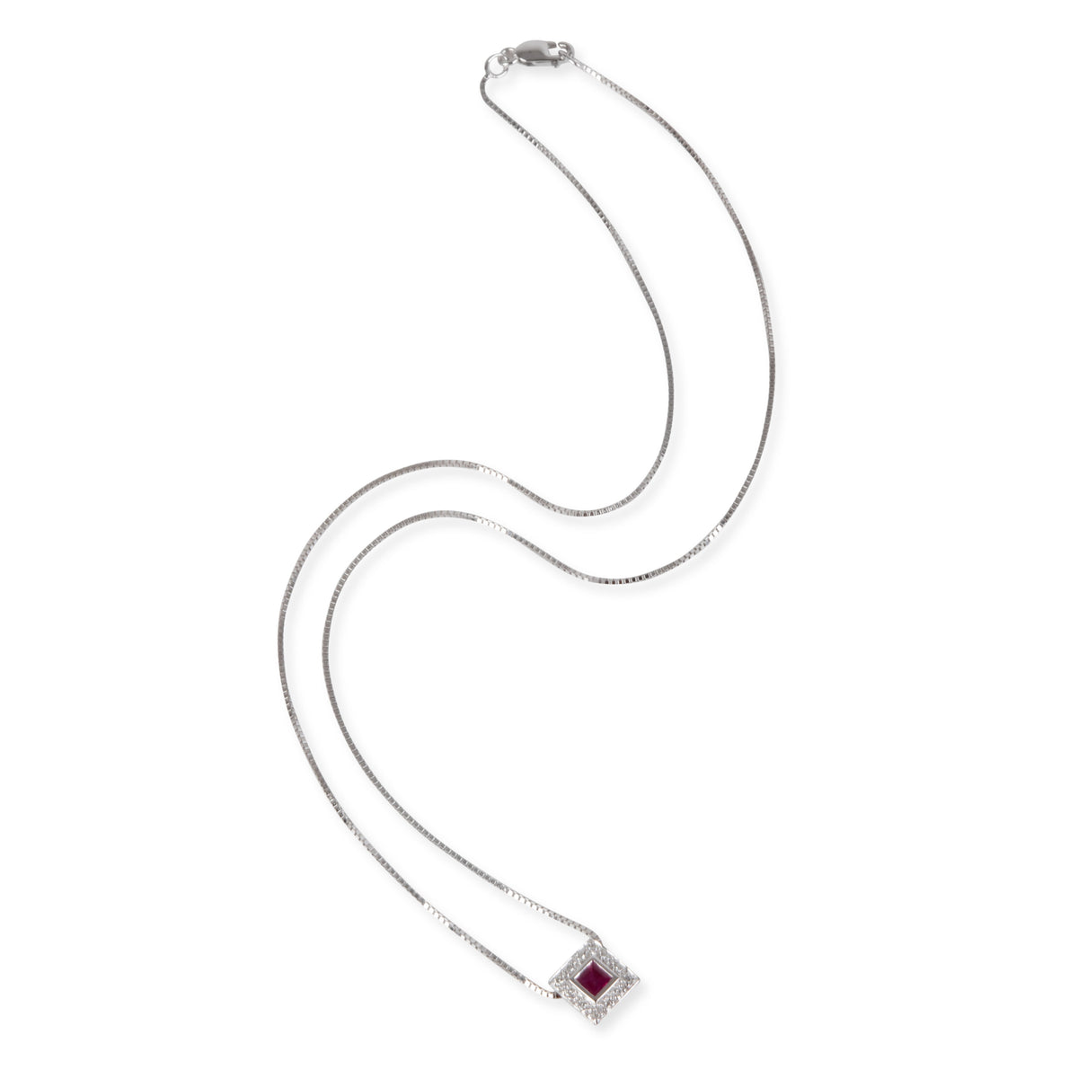 Halo Ruby Diamond Necklace in 18K White Gold 0.10 CTW