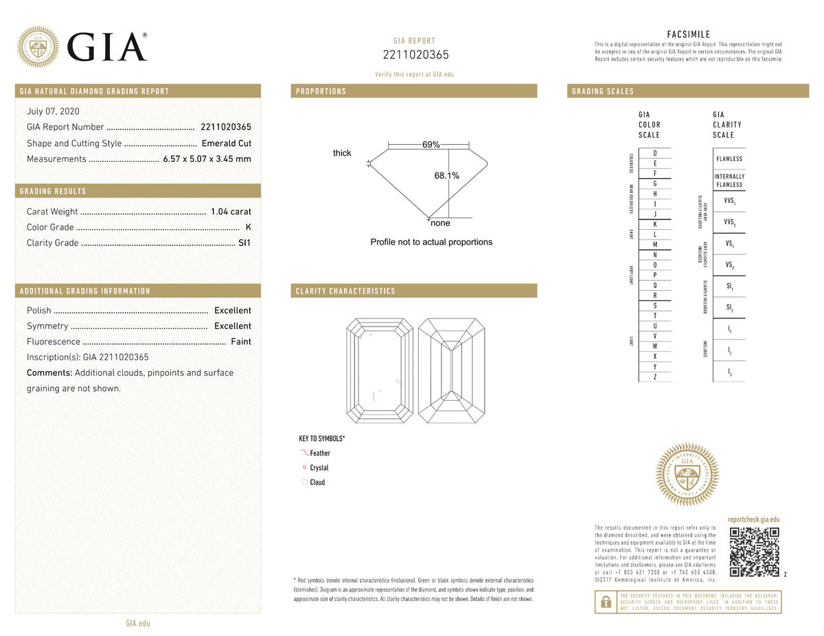 GIA Certified 1.04 Ct Emerald cut K SI1 Loose Diamond