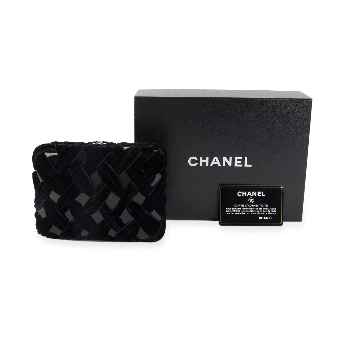 Chanel Black Velvet & Resin Box Clutch with Chain