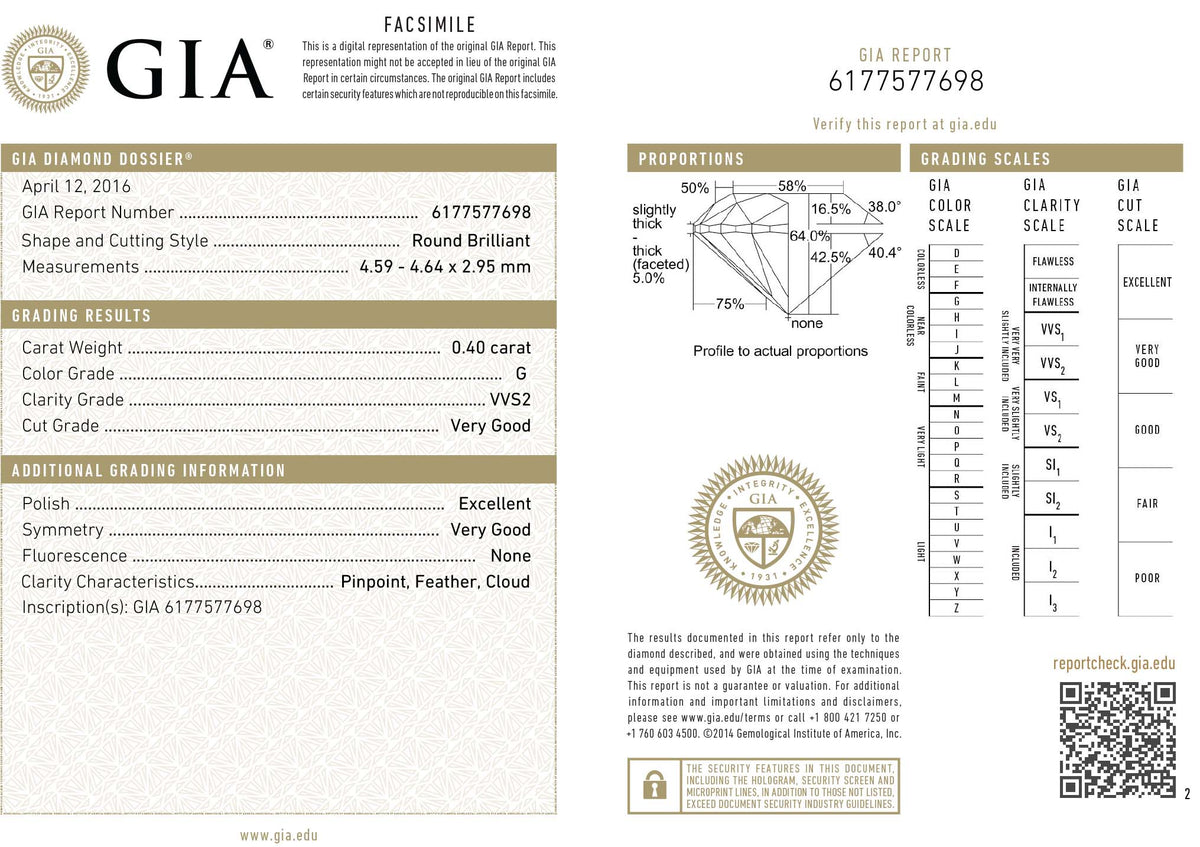 GIA Certified 0.40 Ct Round cut G VVS2 Loose Diamond