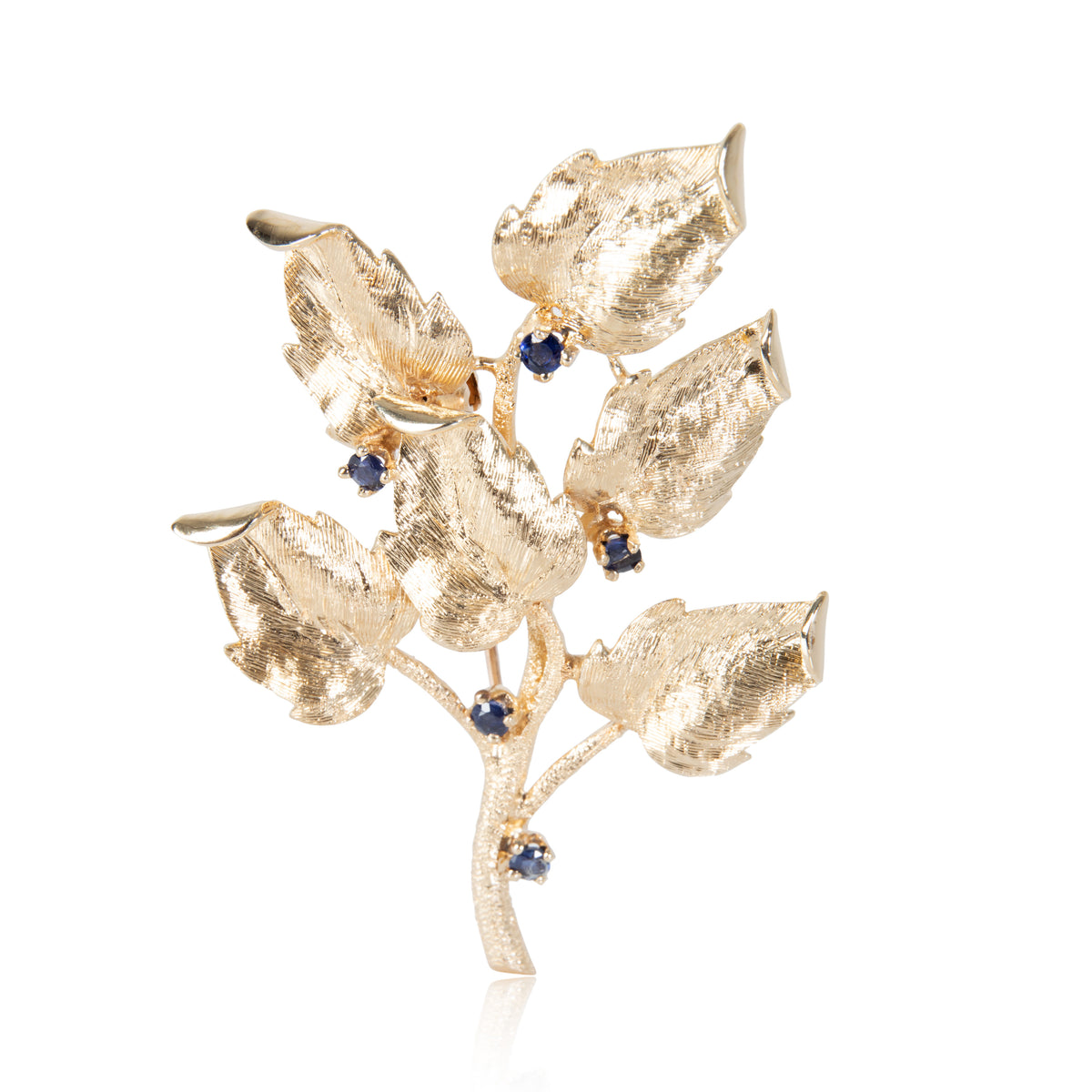 Vintage Sapphire Leaf Brooch in 14K Yellow Gold