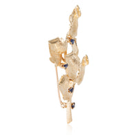 Vintage Sapphire Leaf Brooch in 14K Yellow Gold