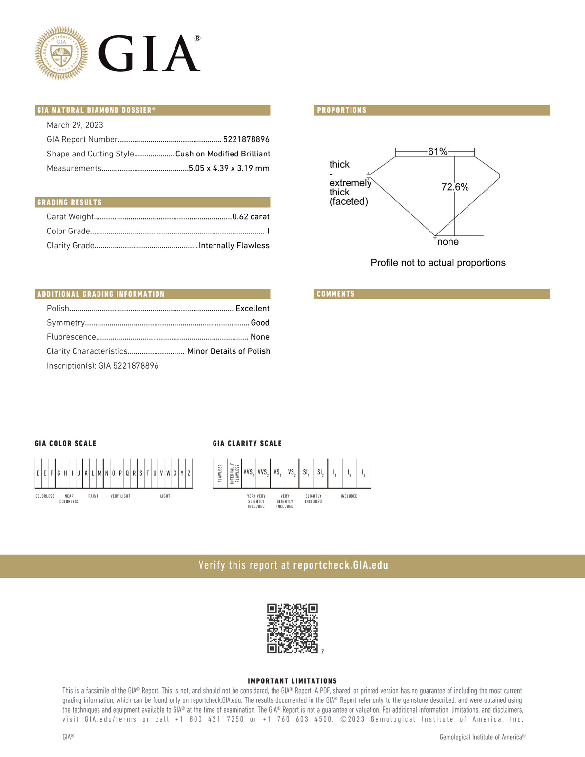 GIA Certified 0.62 Ct Cushion cut I IF Loose Diamond