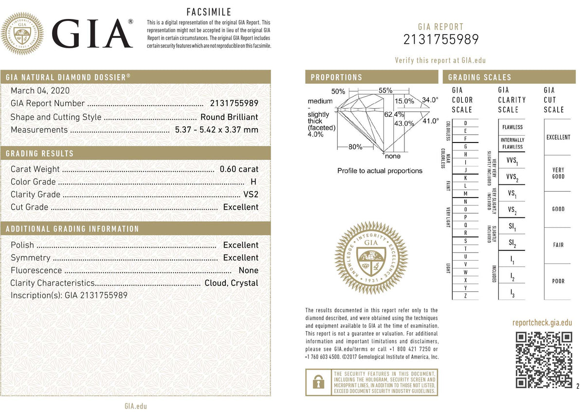 GIA Certified 0.60 Ct Round cut H VS2 Loose Diamond