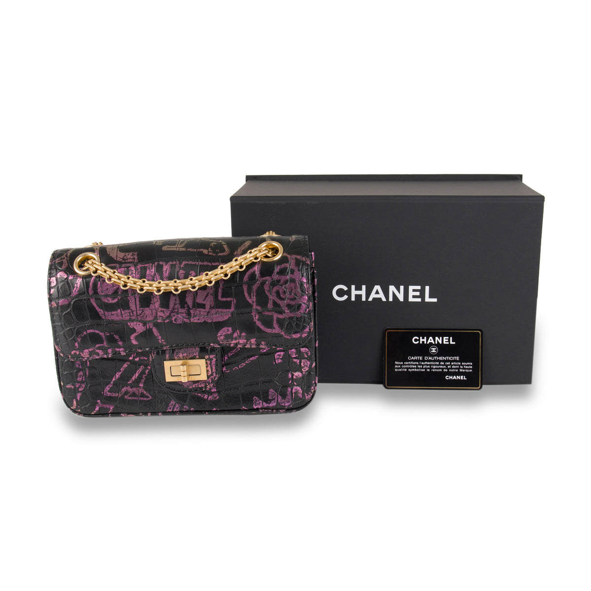 Chanel Black Crocodile Embossed Graffiti Reissue 2.55 224 Mini Flap Shoulder Bag