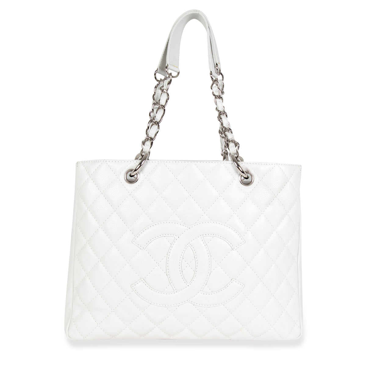 Authentic Chanel White Caviar Leather Quilted Grand Shopper Tote GST Bag