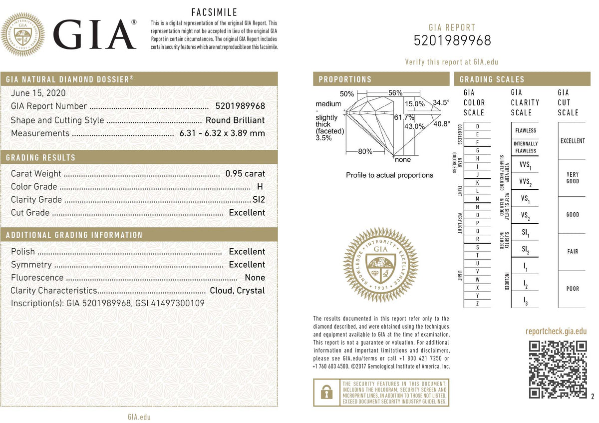 GIA Certified 0.95 Ct Round cut H SI2 Loose Diamond